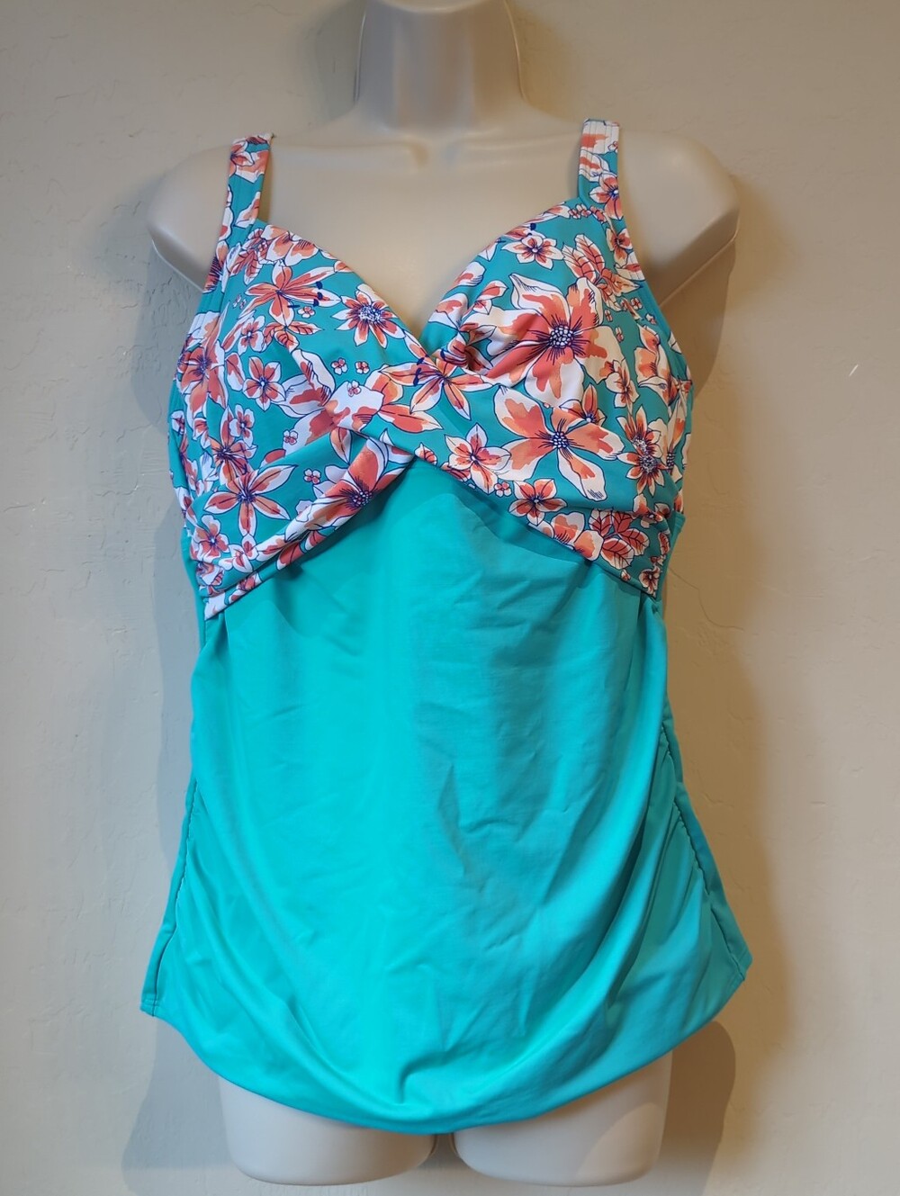 Lands End Tankini Top Tropical Floral Padded Inner Bra Adjustable Straps Sz 14L